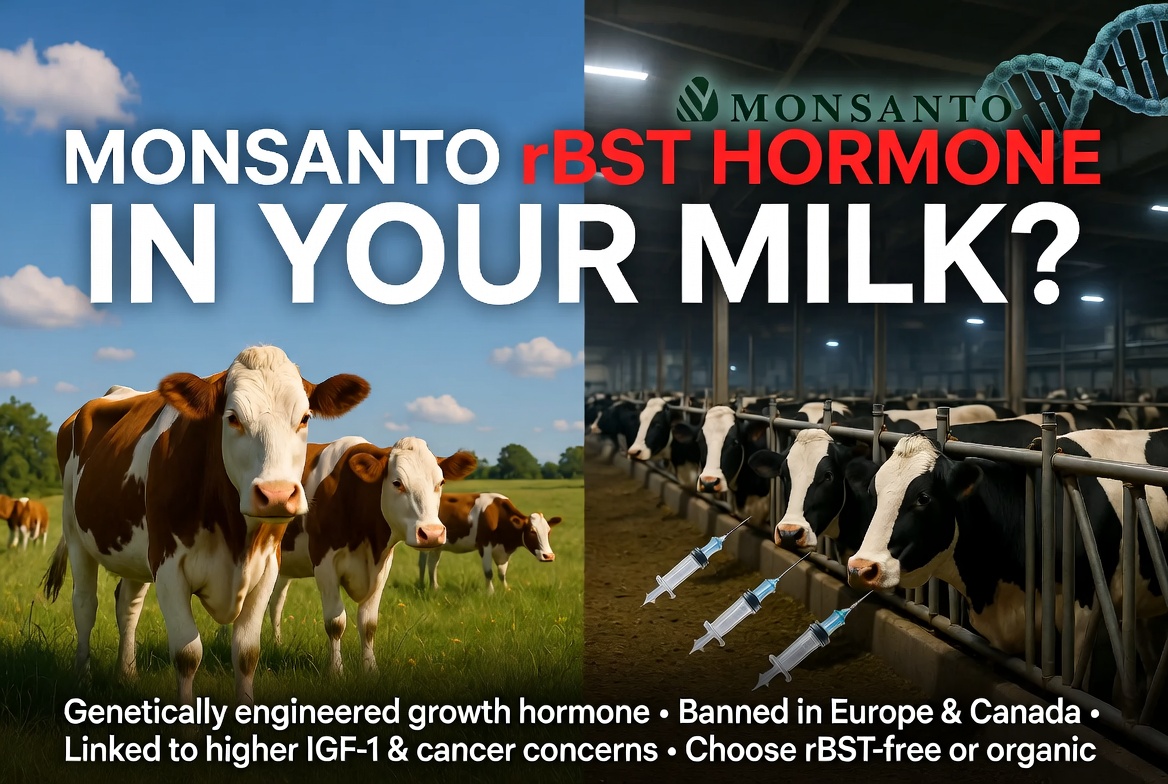 Many dairy cows in the U.S. are injected with rBST (also called rBGH) — a synthetic growth hormone genetically engineered by Monsanto to make cows produce 10-15% more milk.  

This controversial drug is banned in Europe, Canada, Australia, and many other countries over animal