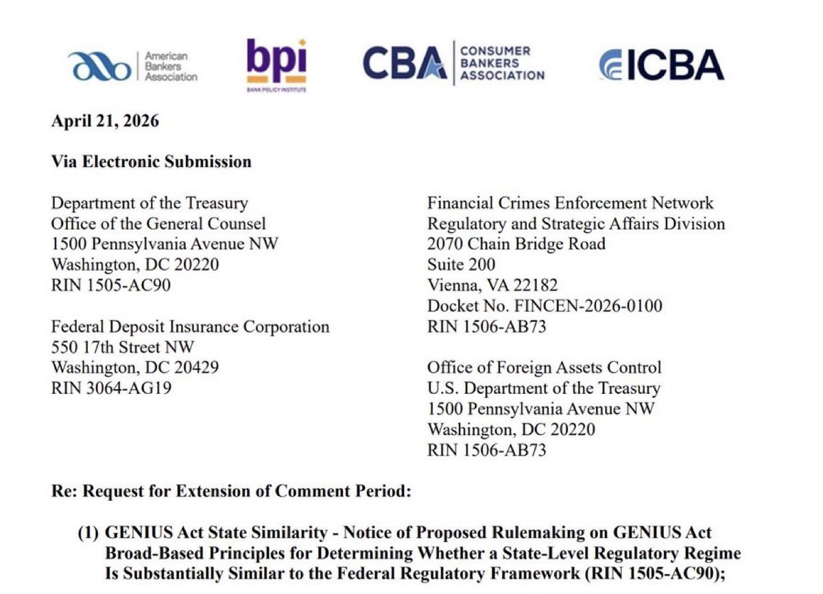 nineB_insight's tweet photo. 🚨 미국은행협회(American Bankers Association)가 GENIUS Act 스테이블코인 법안 관련 규정에 대한 의견 제출을 위해 60일 추가 연장을 요청하여, 시행이 지연될 가능성이 있습니다. 

계속 질질 끄는게 느낌이 속임수?! 👀 https://t.co/17zVfkxyJy