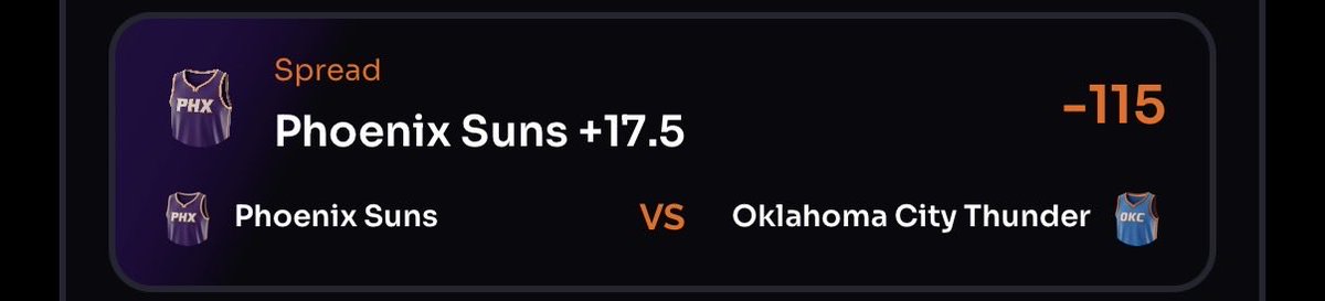 CheezLocks's tweet photo. NBA POTD

Suns +17.5 -115 1.25u

Suns got blown out G1 but I think they keep it a bit tighter tonight with Grayson Allen returning. Still missing Mark Williams which is a bummer but line barely moved when he was announced out so I believe it was priced in. +17.5 is a lot of pts! https://t.co/9ED6rD7Feq