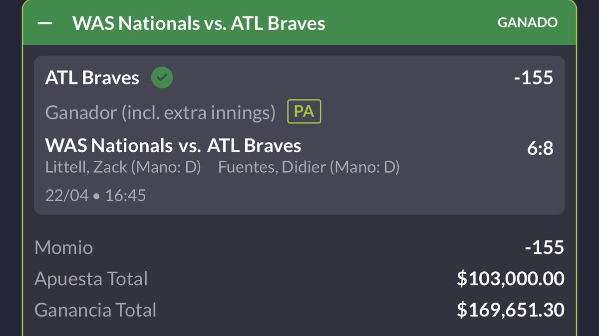 GANAMOS EL PASO 2. Revienten este tweet de interacciones y les subo el paso 3 en caliente yaya

Paso 1️⃣ Parlay (+105) ✅
Paso 2️⃣ Braves ✅

Este reto $1,600 a $10,000 será nuestro! Yo inicié con $50,000 🤤