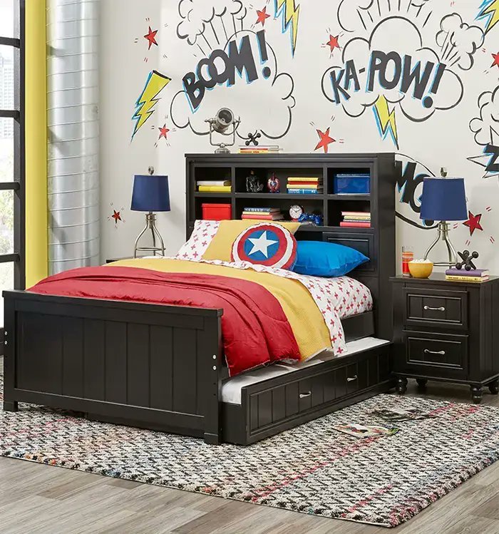 TheLemeDecor's tweet image. Kids’ bedroom with a storage bed featuring built-in drawers, bold graphic wall art, layered textiles, and vibrant colors, creating a functional space-saving design.

#KidsBedroom #SpaceSaving #HomeDecor #InteriorDesign #StorageBed #BoldColors #FunctionalDesign #RoomInspo