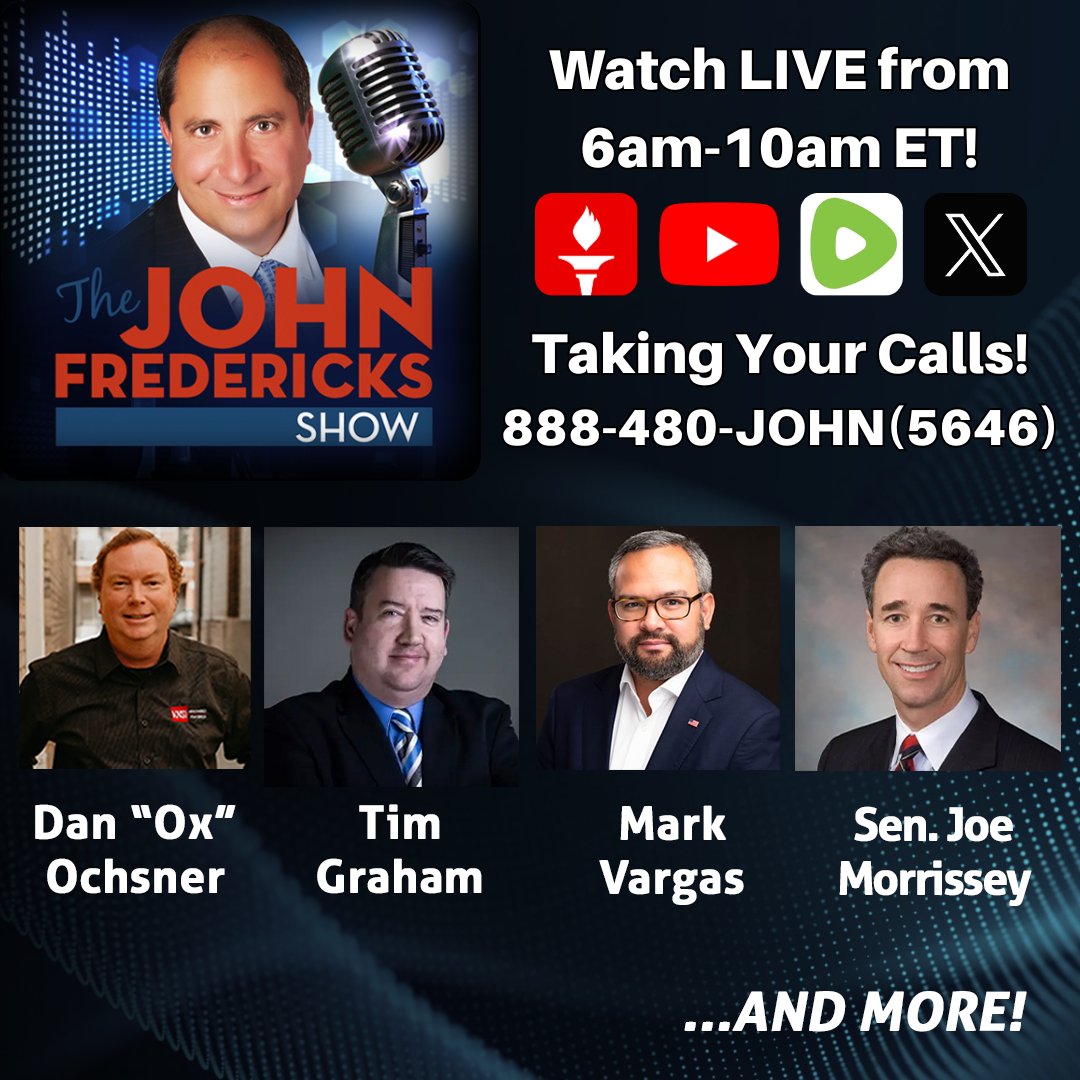 jfradioshow's tweet image. #JFRS #THURSDAY #GodzillaOfTruth 

6:00 AM -10:00 AM ET
LINE-UP - Watch Live at jfmn.tv

7:00 AM ET @danoxochsner LIVE IN-STUDIO
7:05 AM ET @Elaine_Parker @JobCreatorsUSA
7:35 AM ET @TimJGraham @theMRC
8:05 AM ET @MarkAVargas 
8:35 AM ET @JohnGordonHN
9:05 AM ET