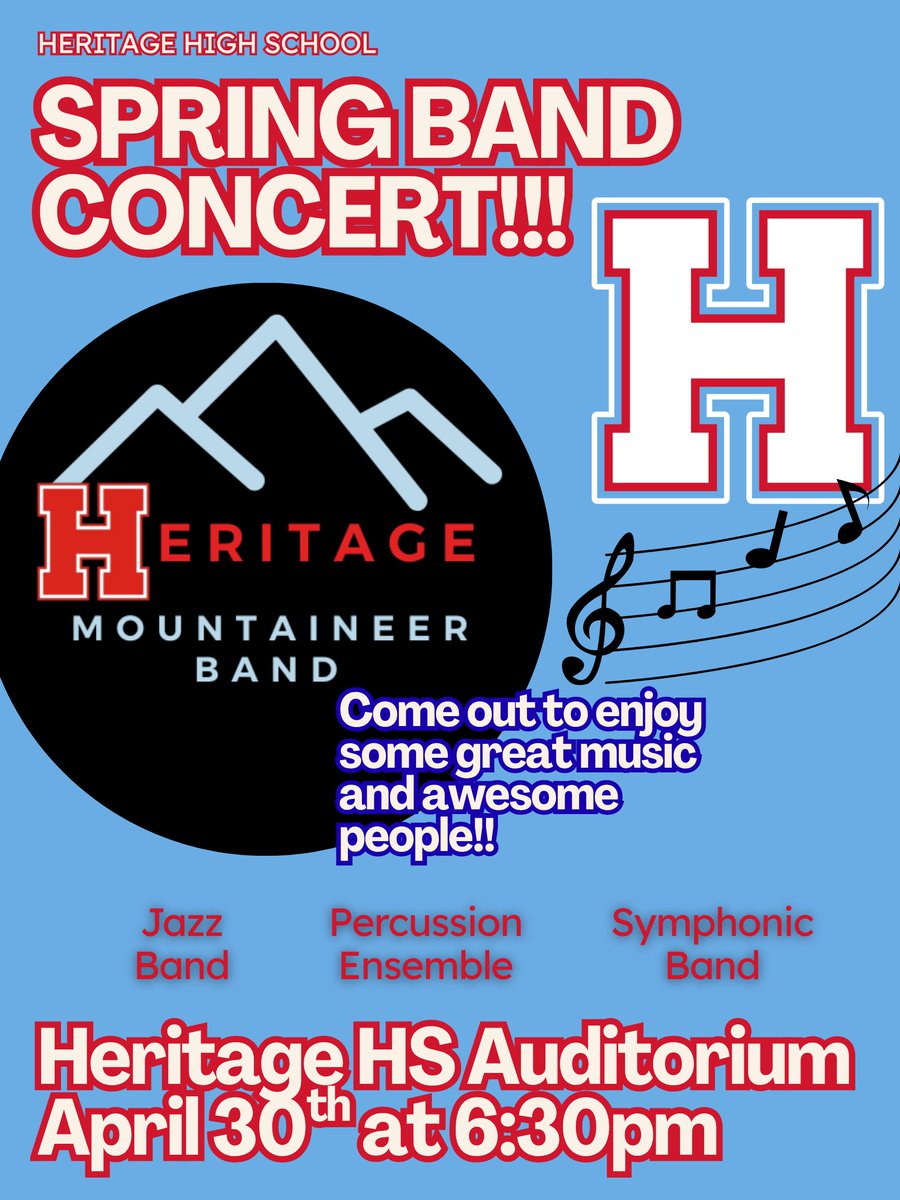 HHSMountaineers's tweet image. 🎶Join us for the HHS Spring Band Concert!
Enjoy an evening of great music featuring our Jazz Band, Percussion Ensemble, &amp;amp; Symphonic Band!

📍 Heritage HS Auditorium 
📅 Wed, Apr 30 
⏰ 6:30 PM

#HHSmountaineers #WeAreHeritage #CLIMB #BlountCountyStrong