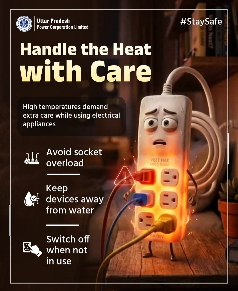 PVVNLNOIDA's tweet image. With rising temperatures, electrical usage increases significantly.Taking simple precautions can help prevent accidents and ensure safe usage of electricity during summer. 
#UPPCL #SummerSafety #ElectricalSafety

@CMOfficeUP
@EMofficeUP
@aksharmaBharat
@mduppcl