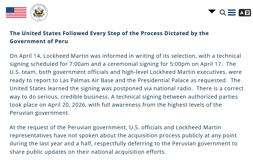GripenNews's tweet image. 🌞 Good morning to everyone except, to people saying that #Gripen lost in #Peru - when Saab was not even allowed to submit a valid offer.

Anyway, best wishes to the Peruvian people. 

larepublica.pe/politica/2026/… 

pe.usembassy.gov/ambassador-nav…
