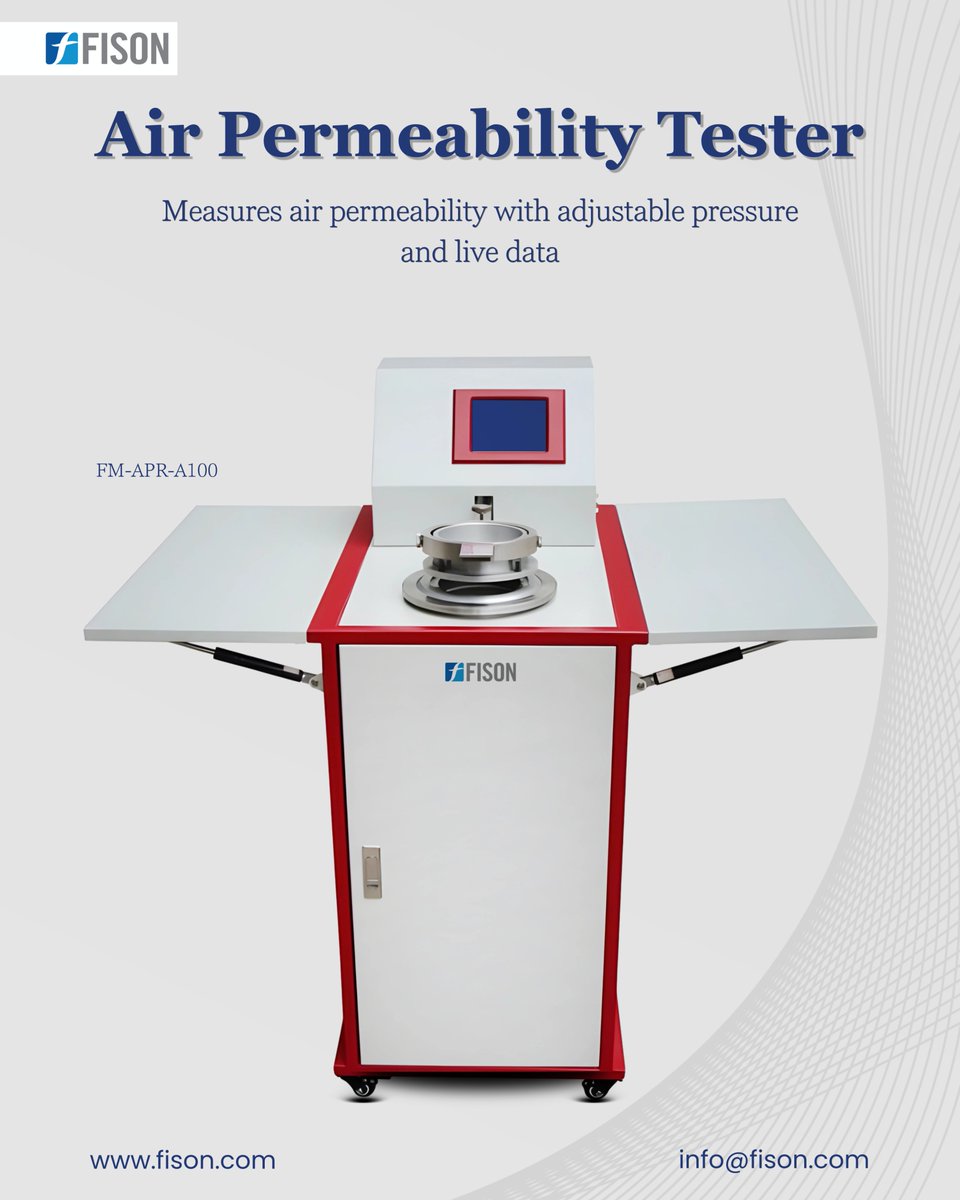 FisonLtd's tweet image. The Air Permeability Tester FM-APR-A100 measures airflow resistance and porosity with a digital display.

info@fison.com

Learn More: fison.com/air-permeabili…

#Fison #AirPermeabilityTester #LabEquipment #AirPermeabilityTesterManufacturer #FabricAirPermeabilityTester