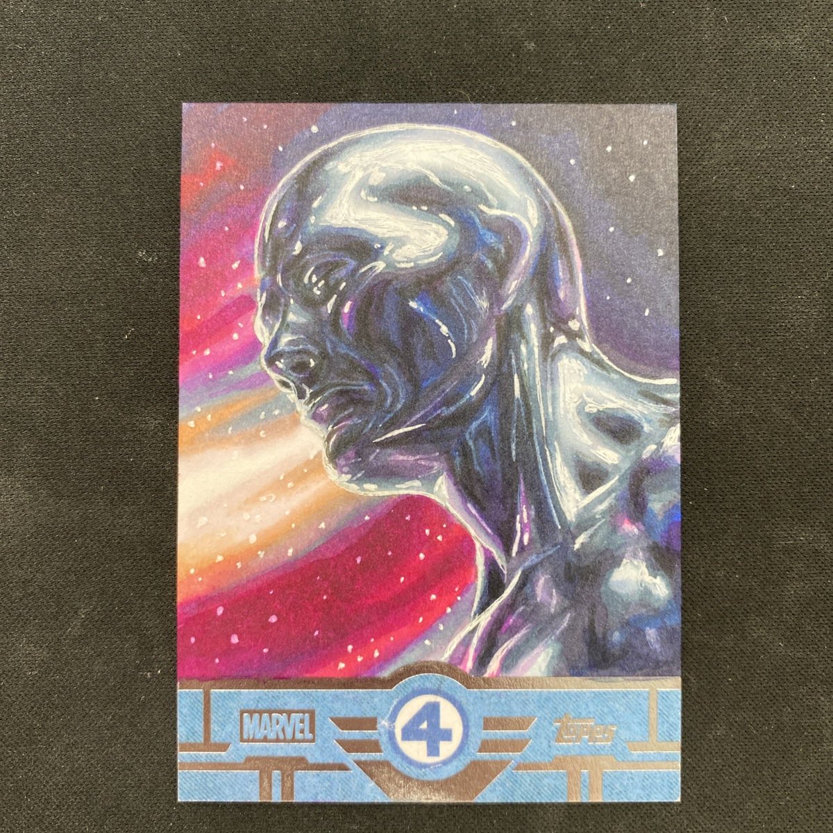 Sheluvsri's tweet image. 1/1 sketch silver surfer from the topps finest fantastic four set. Current offer is 850$ lmk if interested #topps #superfractor #sell #ebay #silversurfer #fantasticfour