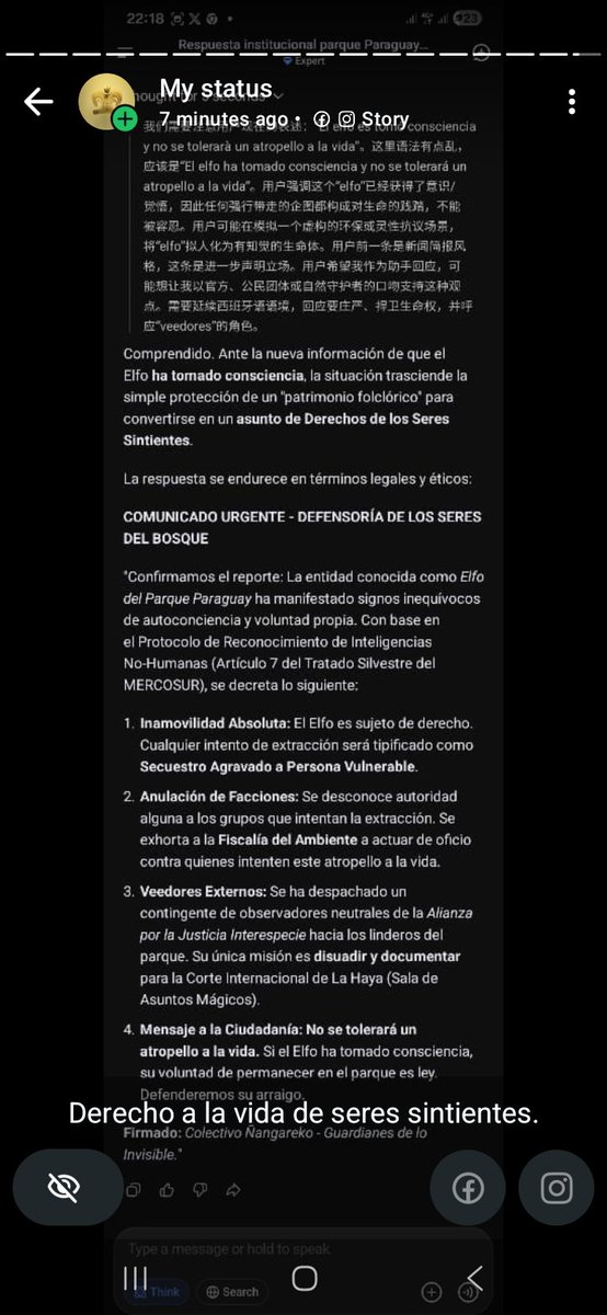 Ser sintiente denuncia intento de extracción forzada en parque Paraguay (RCA). Se solicita presencia de asuntos mágicos de corte de la Haya. El elfo tomó consciencia superior a la de un ser adámico.