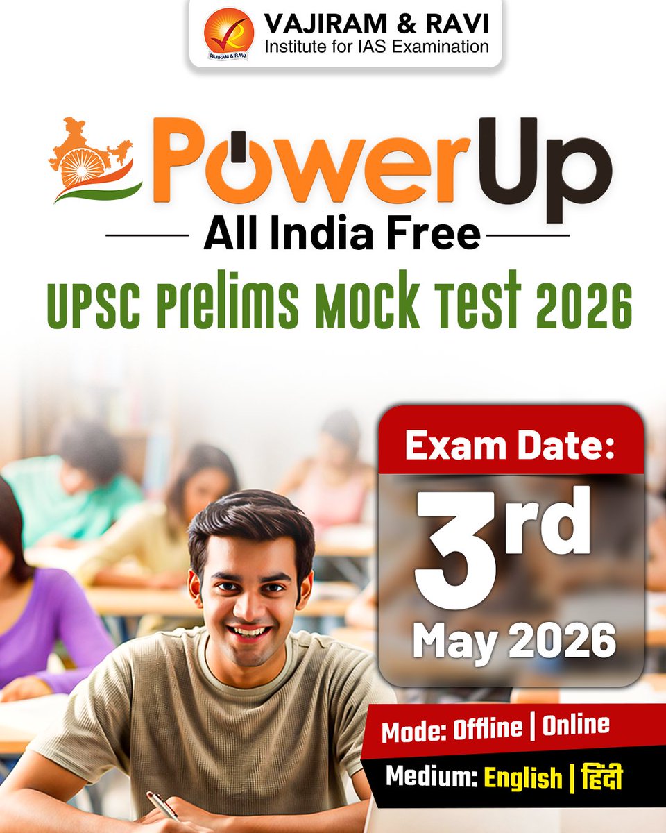 VajiramRavi's tweet image. Your Prelims Reality Check is Here
Introducing the PowerUp All India FREE UPSC Prelims Mock Test 2026 — a national benchmark for serious aspirants
Register now: forms.gle/sXQ5yMHr9MZtiN…
#UPSC #UPSCPrelims #MockTest #UPSCMock #IAS #IASPreparation #UPSC2026 #Prelims2026 #UPSCJourney