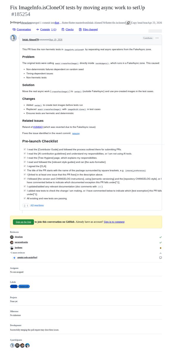 FlutterMerge's tweet photo. "Fix ImageInfo.isCloneOf tests by moving async work to setUp" by Istiak Ahmed was merged into #Flutter master https://t.co/Bnn4UdwfCk https://t.co/B2kOuG08LC