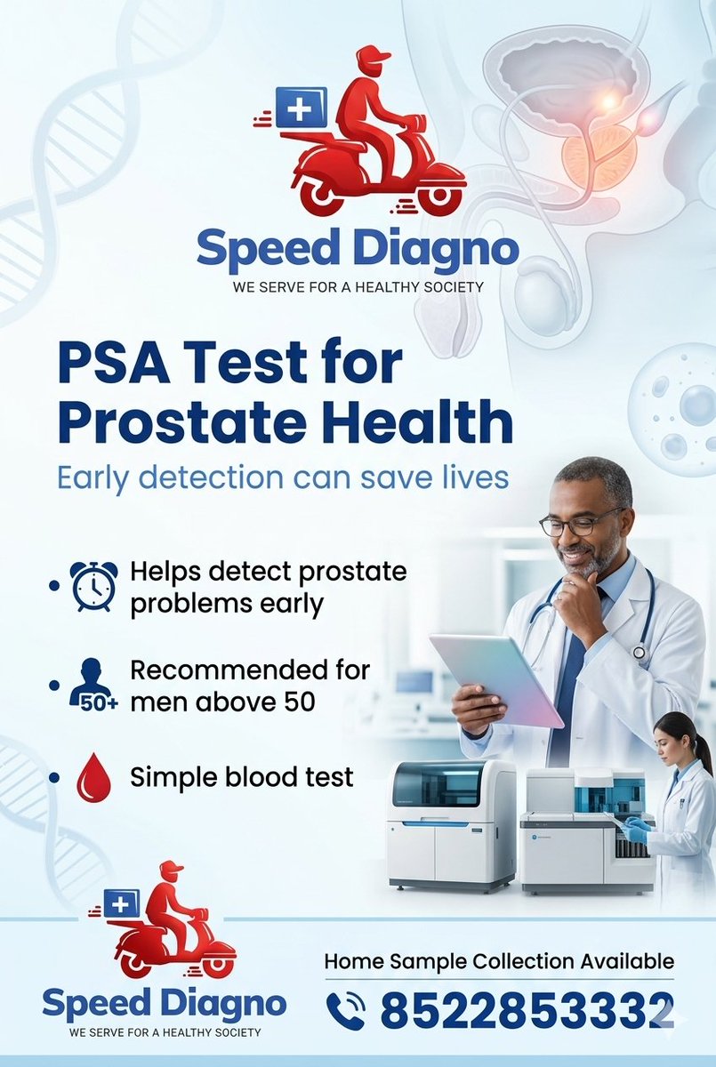 speeddiagno's tweet image. PSA (Prostate Specific Antigen) test helps detect prostate problems early.
Men above 50 should consider regular screening for better prostate health.
Reliable home sample collection by Speed Diagno.
#PSATest #ProstateHealth #MensHealth #PreventiveScreening