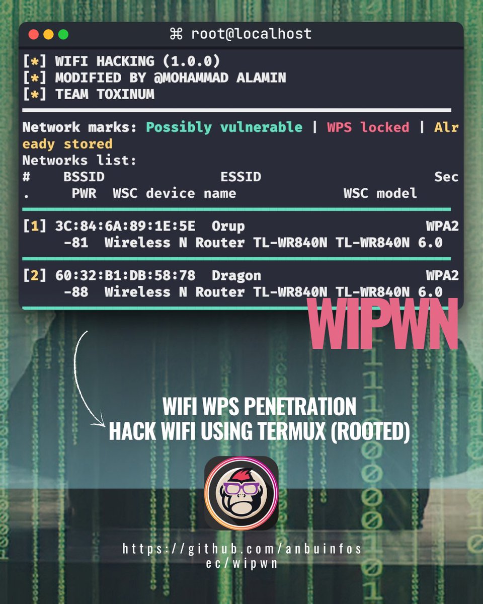 EsGeeks's tweet photo. WIPWN 🛡️🛜: Auditoría de redes WiFi WPS directamente desde tu Android rooteado con Termux. Ataques Pixie Dust y fuerza bruta de PINs. Ideal para aprender sobre vulnerabilidades WPS. Úsala solo en tus laboratorios.
#WiFiHacking #Termux #EthicalHacking #Cybersecurity https://t.co/P57h5IzHHG