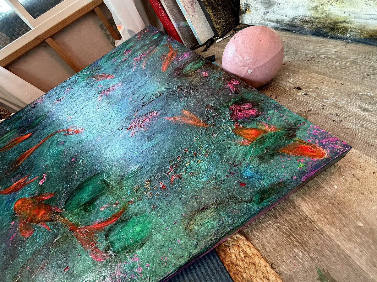 KellieThomasWal's tweet photo. 48x48 Koi Pond wedding present for my oldest. Just started the koi, then after detailing, I’ll add more lily pads over. #art #painting #koiart #artwork #contemparyart https://t.co/lD8VWHgJKw