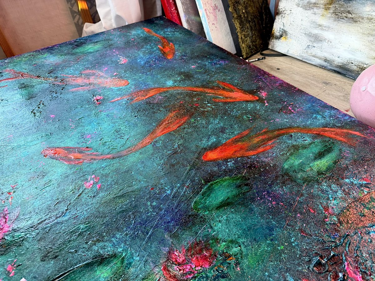 KellieThomasWal's tweet photo. 48x48 Koi Pond wedding present for my oldest. Just started the koi, then after detailing, I’ll add more lily pads over. #art #painting #koiart #artwork #contemparyart https://t.co/lD8VWHgJKw