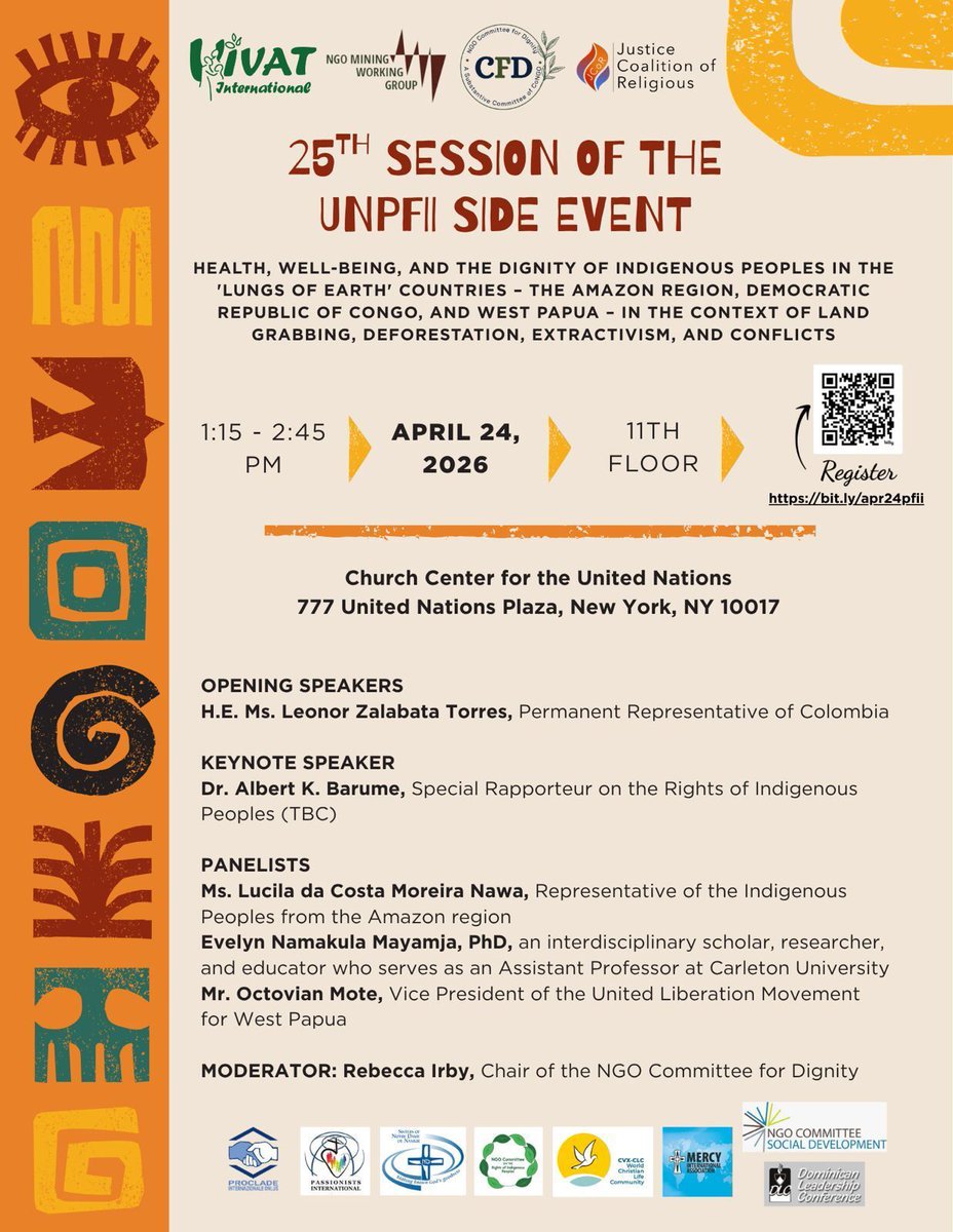 NGOCSocD's tweet photo. In the framework of the 25th session of the UNPFII, the NGO Mining Working Group and partners, are organizing the side event: “Health, well-being and dignity of Indigenous Peoples in the ‘lungs of the Earth’.” 

🔗 https://t.co/FiznoaCuEv 
📅 April 24, 2026
⏰ 1:15 PM - 2:45 PM https://t.co/KogaMvXyRQ