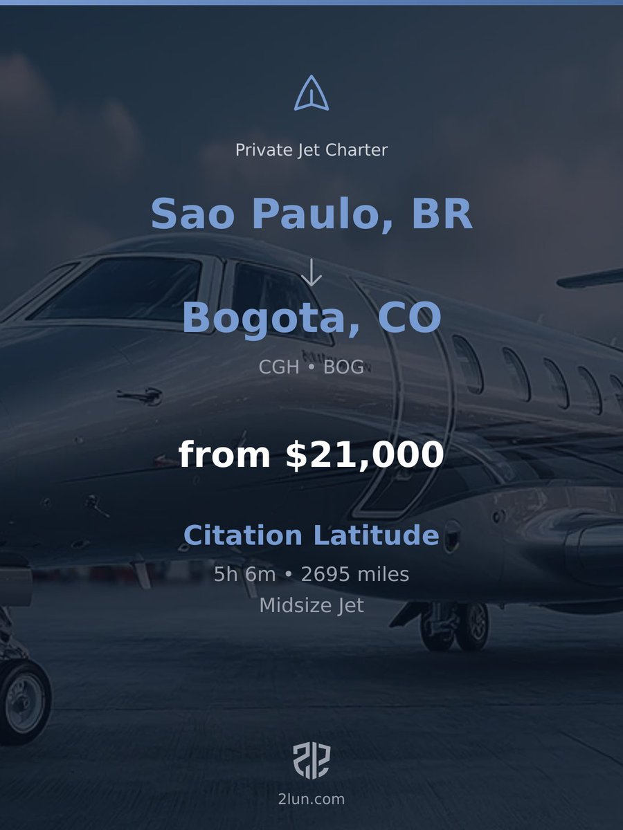 2lunjet's tweet image. 🇧🇷 Sao Paulo → Bogota 🇨🇴
Private Jet Charter

5h 6m | 2695 miles | From $21,000

Book your flight:
2lun.com/route/sbsp/skbo

#VIPTravel #CorporateJet #BizAv