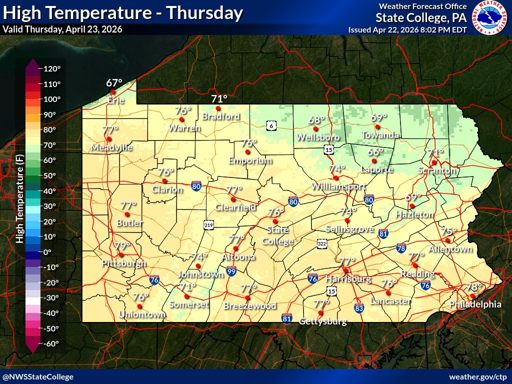 NWSStateCollege's tweet image. Thursday will be a gorgeous day for most of Pennsylvania: cloud-free skies, light winds, low relative humidity, and no rain!
#PAwx