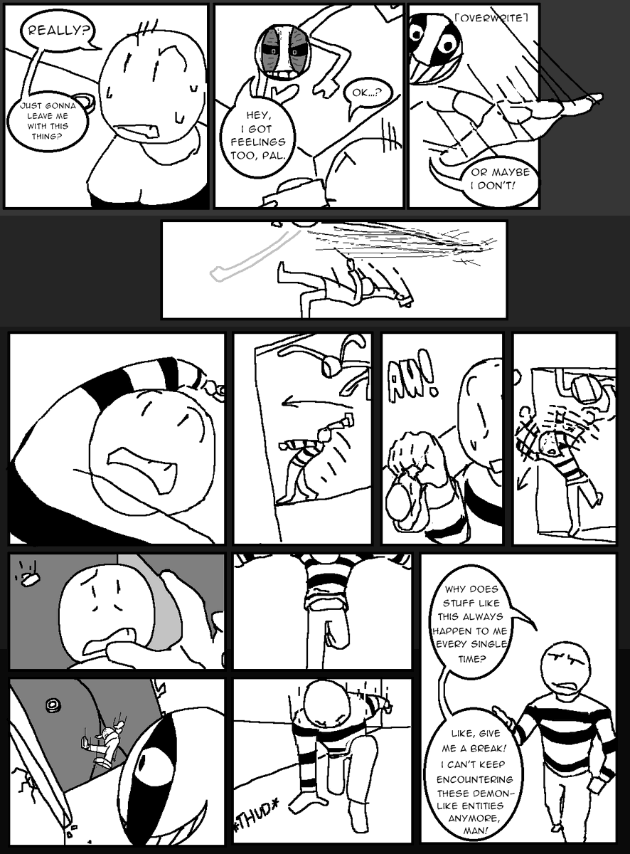 somebloxxy's tweet photo. the last page that I had done
I think it's safe to say that this version of the comic wasn't bringing me any joy to work on, so I've stopped work on it indefinitely
I've already remade huge parts of story to make sense and have an actual plot so I'll be working on that instead https://t.co/GIESEdRVwQ