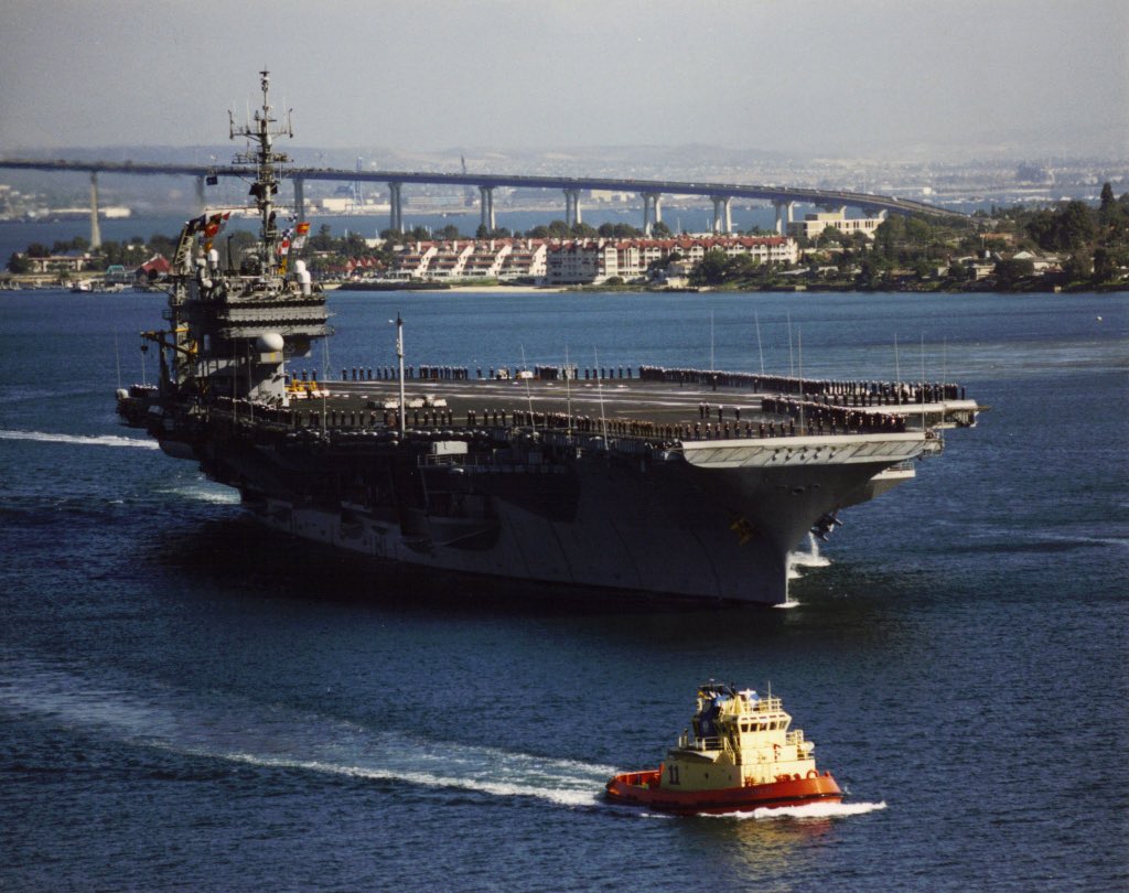 Boneyardsafari's tweet photo. Here is USS Constellation CV-64, with her crew manning the rail as she departs her homeport, San Diego, CA, to begin her 22nd overseas deployment 1 April–1 October 1997 Note the bridal sponsons had been removed. #ussconstellation #cv64 #boneyardsafari #navalsafari #aviationsafari https://t.co/HPAECwyjRE
