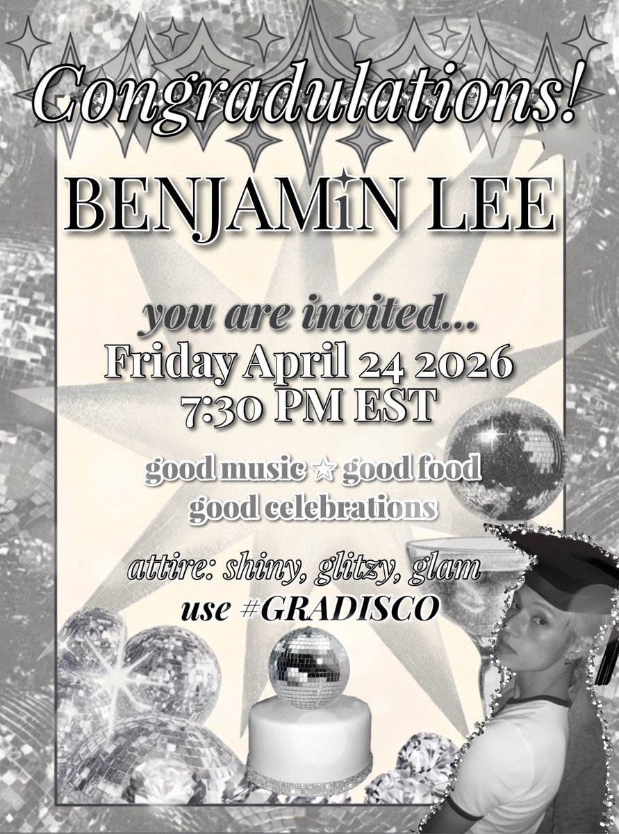 KENOSCORNER's tweet photo. CONGRADULATIONS TO BENJAMIN LEE! 

A GRAD PARTY IS COMING AND YOU ARE INVITED

friday april 24 at 7:30 pm est 
the attire is shiny, glitzy, glam. 
refer to the moodboard for the vibes!

use #GRADISCO and #RISINGMEDIA in your selfies! see you there! https://t.co/OUGbGKSoSn