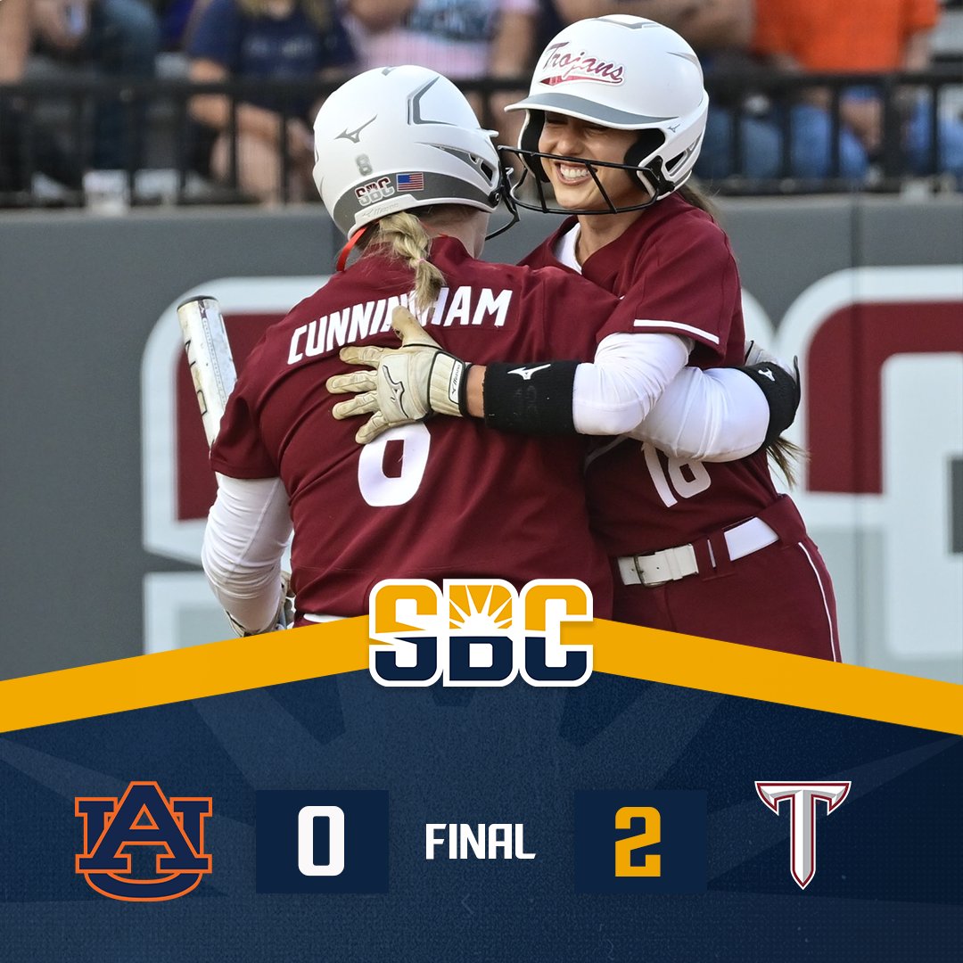 SunBelt's tweet photo. 𝗧𝗥𝗢𝗝𝗔𝗡𝗦 𝗧𝗥𝗜𝗨𝗠𝗣𝗛.

@TroyTrojansSB scrapes across a pair of early runs as Ella Cunningham spins 6️⃣ scoreless innings in the circle to complete a shutout victory at home over Auburn.

#SunBeltSB ☀️🥎 https://t.co/OhecqCRgsK
