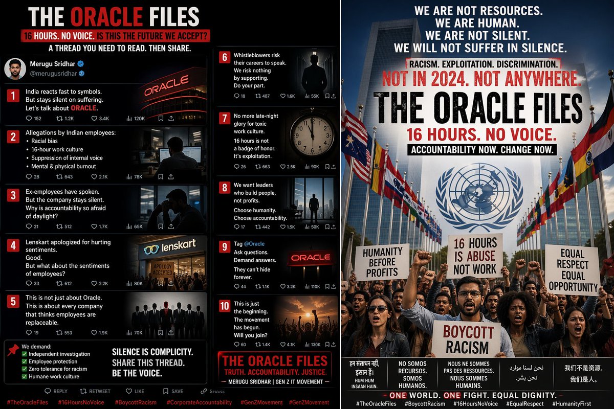 sridhar_merugu's tweet image. GlobalNews
#BreakingNews
#WorldNews
#InternationalMedia
#GlobalJustice
#HumanRights
#WorkersRights
#CorporateAccountability
#LaborRights
#ModernSlavery
#WorkplaceAbuse
#Exploitation
#GlobalProtest
#StandForJustice
#VoicesUnheard
#SpeakUp
#Whistleblower

#oraclelayoff