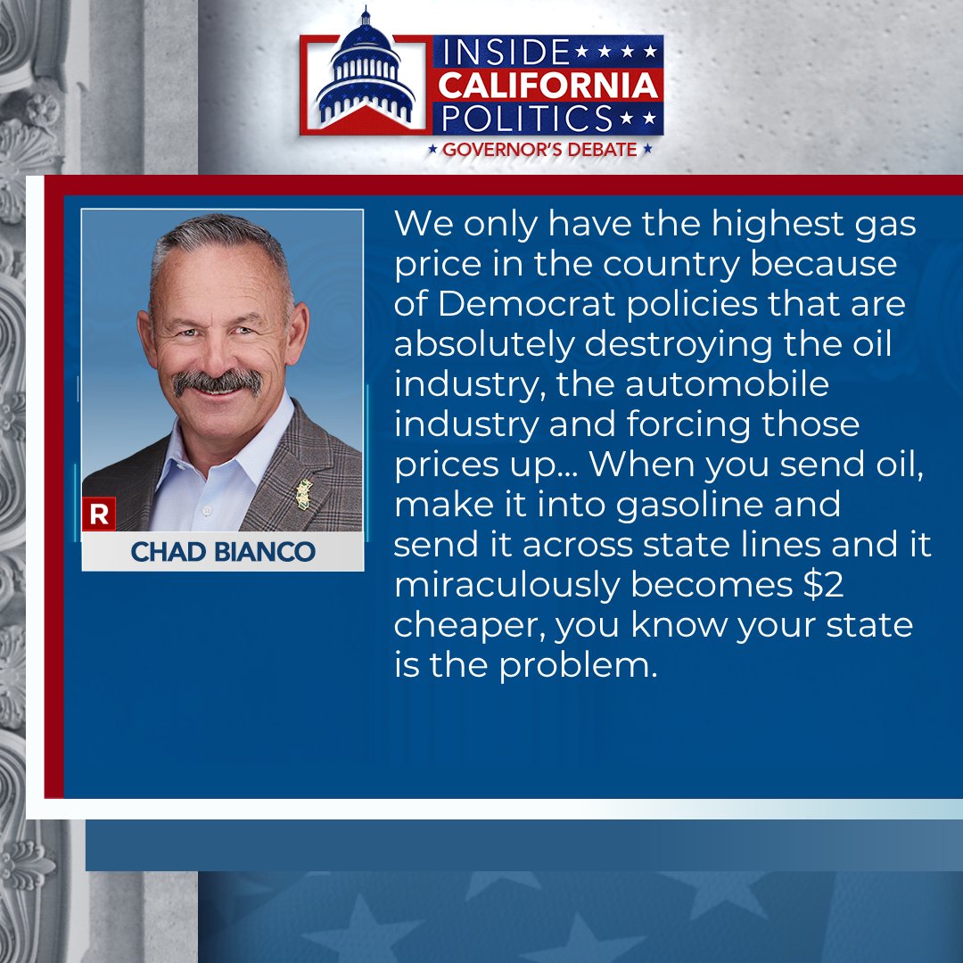 CaliforniaICP's tweet photo. Sheriff @ChadBianco responds to a question about California's nation-high gas tax. #CAGovDebate https://t.co/I57R8yQQ64