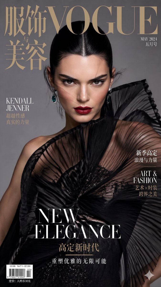 AFantagirl85190's tweet image. #KendallJenner #nanobananapro #gpt-image-2 #CinematicAI #AIModel #FreePrompts:

generated with gpt-image-2,enlarged with nanobanana2

Prompts:
On the cover of VOGUE China, Kendall Jenner wears a modern haute couture gown, sporting a striking red lip and a sharp gaze.