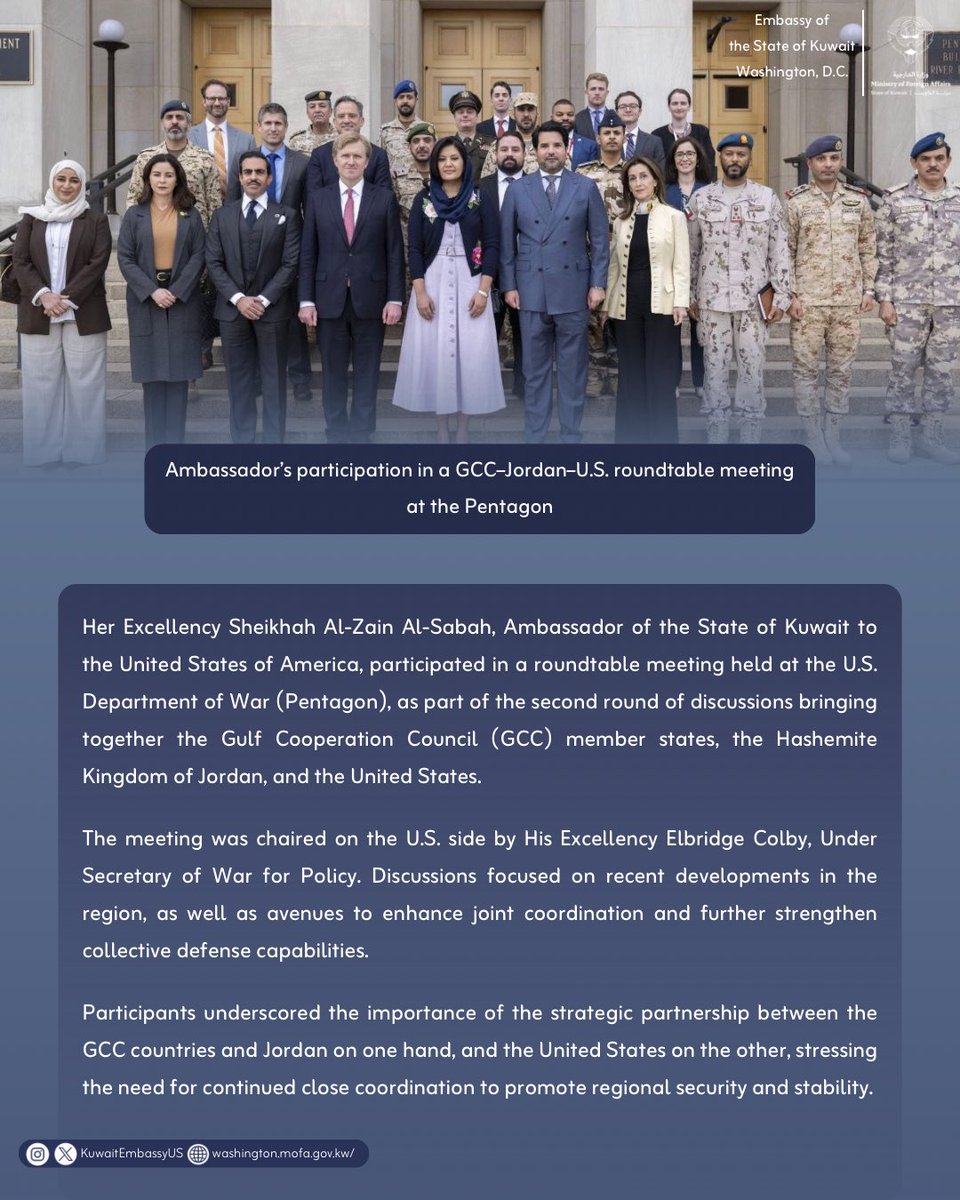 KuwaitembassyUS's tweet photo. Ambassador’s participation in a GCC–Jordan–U.S. roundtable meeting at the Pentagon. https://t.co/JVdCbsq0KG