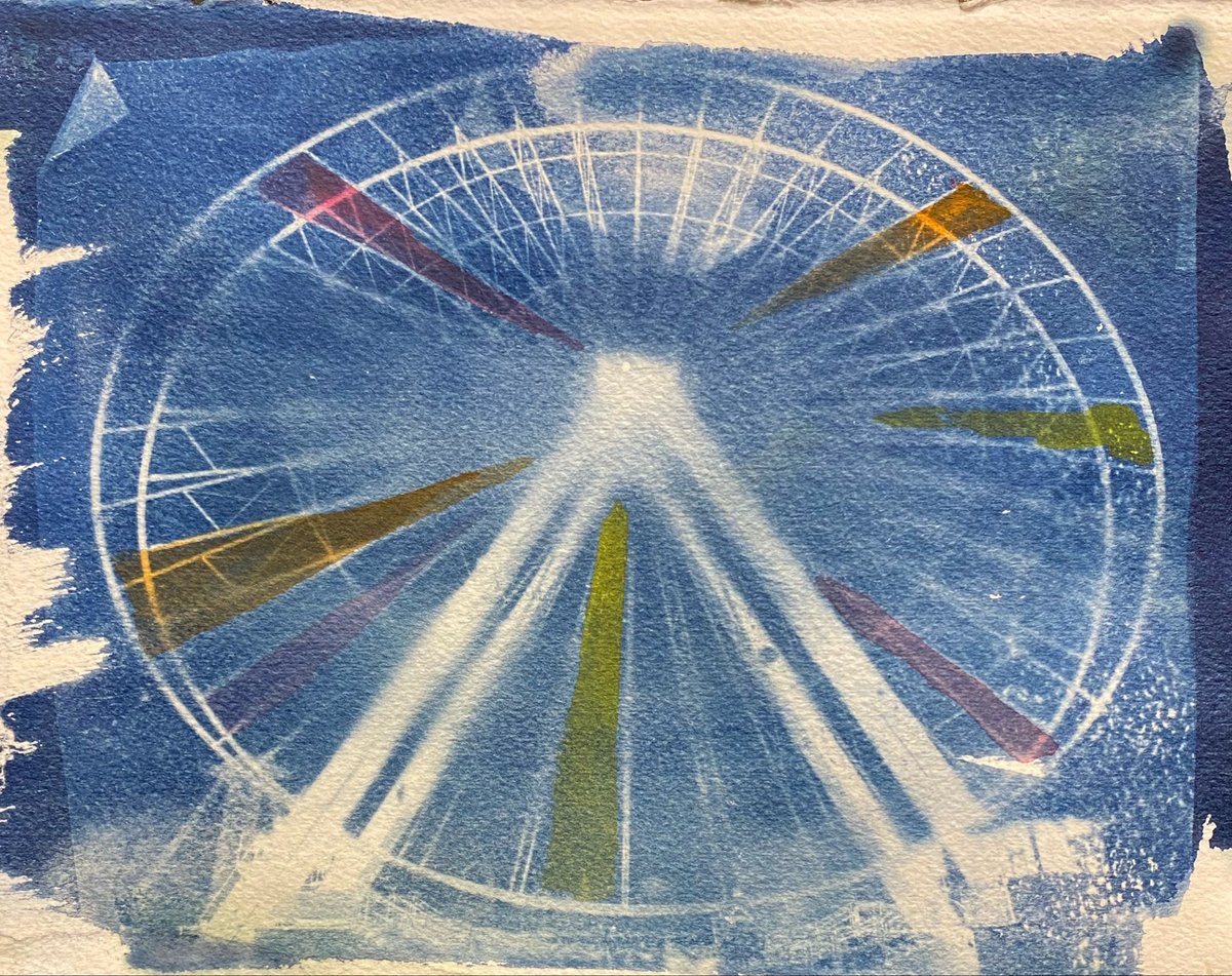 bridgetDginley's tweet photo. Painting my cyanotypes &amp; listening to Starfish by the Church, so April 1988 -  “ Cold desert stars, feel them sparkle and frost, They are so lost “ #art #photography #cyanotype #giantwheel #CedarPoint #NoAIART #WatercolorArt https://t.co/8wM4KI5yBD