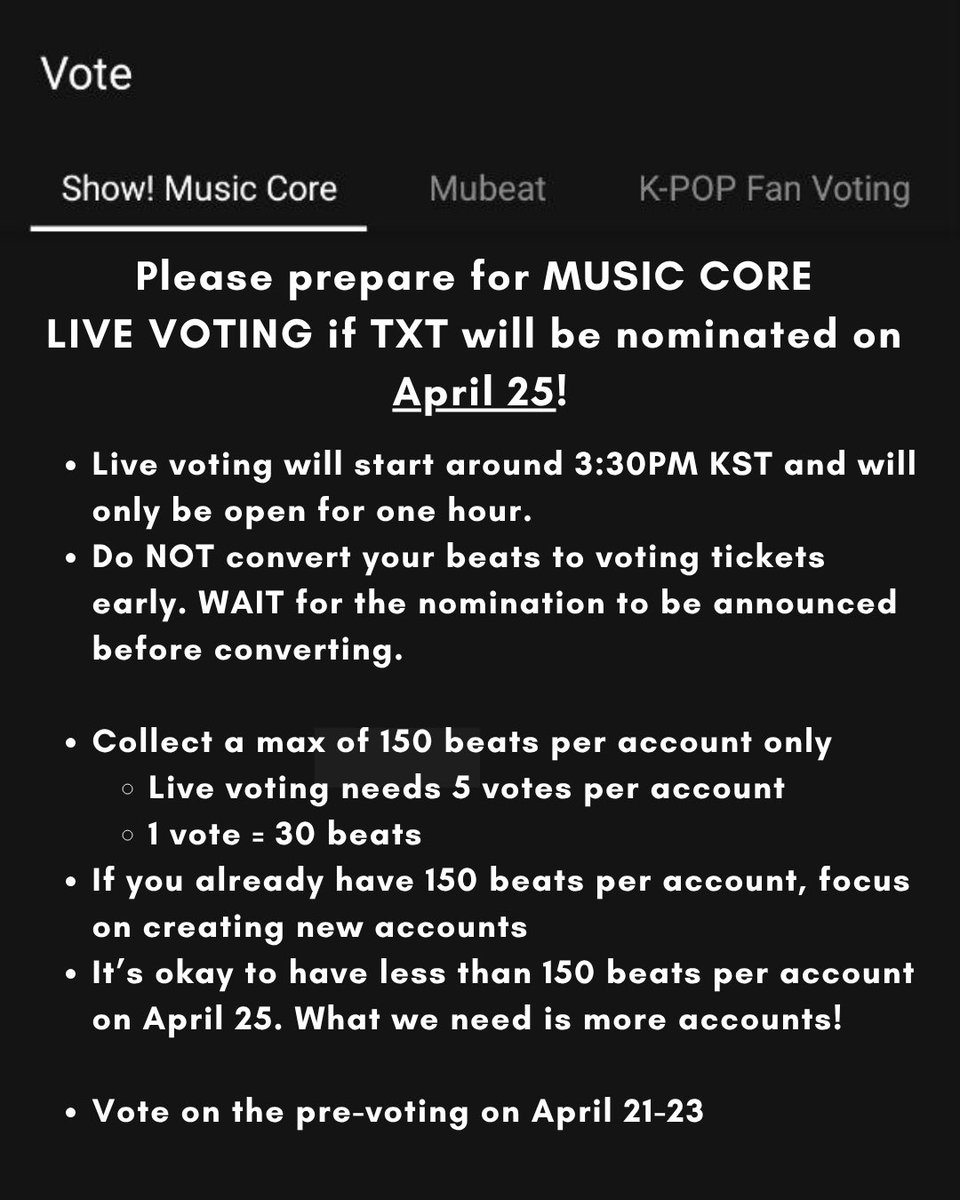 thank you so much to all moas who dropped any amount of votes throughout the mucore pre-voting period, you’ve worked hard 💗

for the mean time, please continue collecting beats on mubeat and save 150 beats per account for live voting on the 25th!! 🙏

make please stay active in