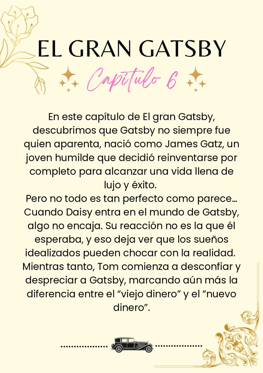 ClubUts26's tweet image. Este capítulo nos muestra que no todo se puede repetir, por más que lo deseemos. Gatsby representa el sueño de cambiar el destino, pero también nos enseña que idealizar el pasado puede alejarnos de la realidad.
#elgranGatsby #UTS
Nicoll lópez