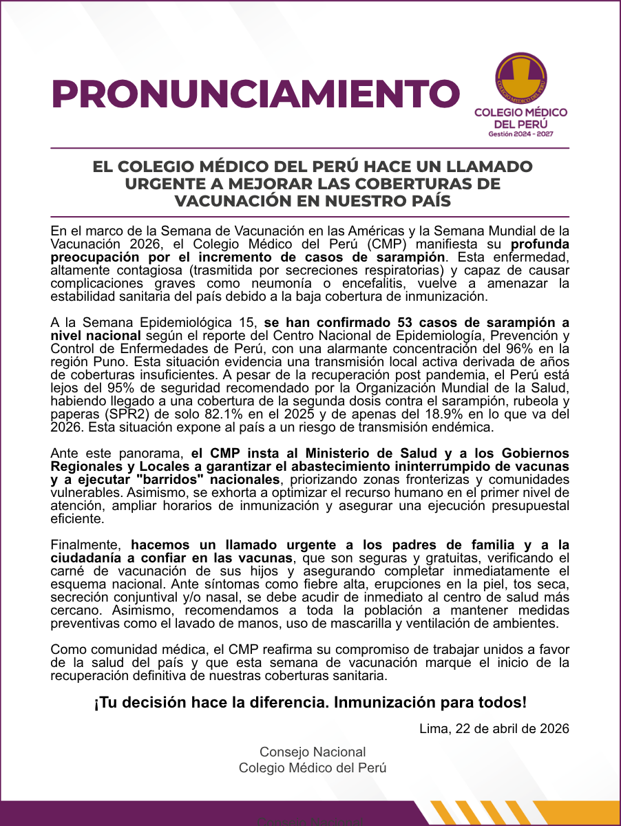 CMP_PERU's tweet image. 📢 PRONUNCIAMIENTO
El CMP manifiesta su profunda preocupación por el incremento de casos de sarampión e insta a reforzar la inmunización, la cual es clave para proteger la salud de la población y prevenir enfermedades.
#Vacunación #SaludPública #CMP #Prevención #Sarampión