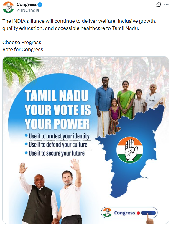 univartaindia1's tweet image. कांग्रेस ने सोशल मीडिया पर लिखा कि INDIA गठबंधन तमिलनाडु में जनकल्याण, समावेशी विकास, गुणवत्तापूर्ण शिक्षा और सुलभ स्वास्थ्य सेवाएं प्रदान करता रहेगा। 

@INCIndia | @kharge | @RahulGandhi | #Congress | #INC | #INDIAAlliance | #TamilNaduElections | #TNPolls | #AssemblyElections |