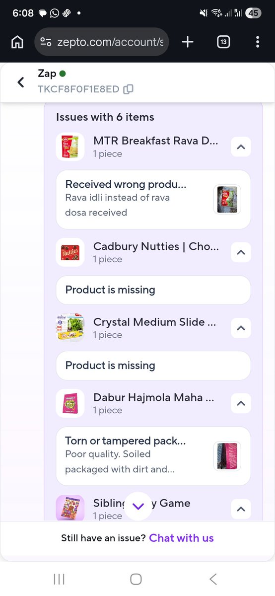 ArushiW3's tweet photo. @zeptocares Thanks for having my back. Can I get my refund for the wrong products now? I'm going to start posting the photos here so you can see what went wrong, along with all of social media. Idli delivered instead of dosa. Missing expiry dates. Torn packaging. Missing products. #fraud https://t.co/HbwitDCqHp