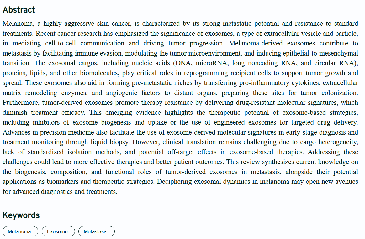 TumorD21400's tweet image. Review Collection
📢The role of melanoma-derived exosomes in metastasis: Challenges and opportunities
👉accscience.com/journal/TD/4/2…
#Melanoma #Exosome #Metastasis
