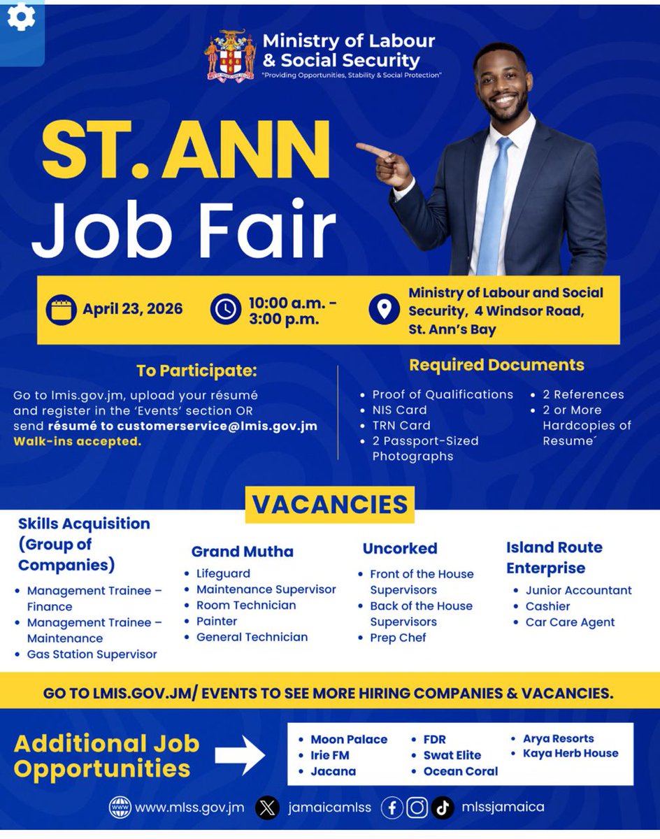 KrystalLeeCares's tweet image. Opportunities loading… 🔑✨
St. Ann, your next job could be one step away. 

Date: Thursday April 23 | 10AM–3PM 

Location: Ministry of Labour, St. Ann’s Bay

#jobopportunity #stannjobs