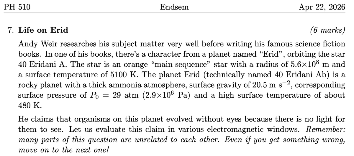 starlabiitb's tweet photo. I like making exams fun. So this year, my Master's level students in Electromagnetic theory tried to work out if sound was really the only Rocky from @projecthailmary could "seen" - is Erid really too dark? @andyweirauthor did a great job of the physics! https://t.co/ZNgU87e3n0