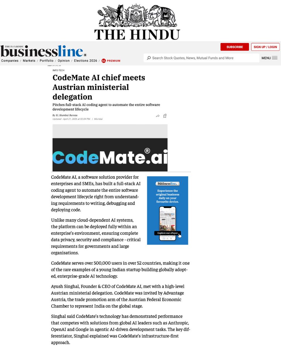 theayushsinghal's tweet photo. Our work at @CodeMateAI being recognised by top media houses @the_hindu @businessline and @JagranNews 🔥 https://t.co/qbrfy9ZXOT