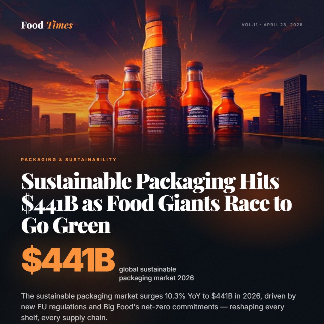 Foodtimes0's tweet photo. 🟠 Sustainable packaging hits $441B in 2026 — a 10.3% YoY surge.

New EU regulations + Big Food's net-zero pledges are reshaping every shelf and supply chain on the planet. Green is no longer optional.

#SustainablePackaging #FoodIndustry #FoodTimes #GreenBusiness https://t.co/8F6glp66Ve