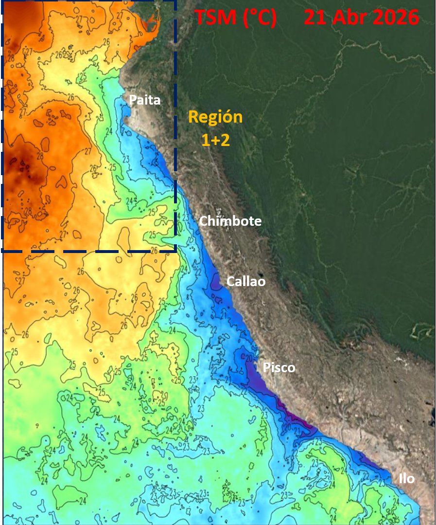 Mario___Ramirez's tweet photo. 22/04/26   #ElNiño costero      #Región1+2       
#TSM   #ATSM    (OISST    Prom. Diario  y   quincenal)         

Magnitud:   #Moderado   /   #Fuerte

#Calentamiento  continúa  fortalecido
y  en progreso. https://t.co/Cu1SBFgySO