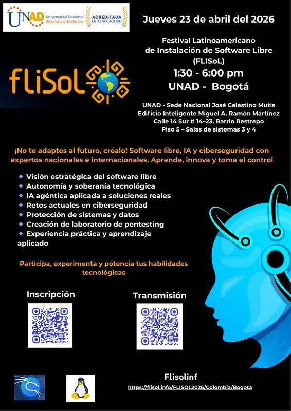 flisol_colombia's tweet photo. Flisol Bogotá sede #UNAD se viste de #FlisolColombia.  los esperamos en la transmisión virtual en 
Accede desde cualquier lugar (https://t.co/aAQyYbq97k)
🕐 Hora: 1:30 p.m. a 6:00 p.m.
📲 Inscríbete aquí https://t.co/1HSNaWFGuO y asegura tu lugar. https://t.co/ilwsHqHwP7