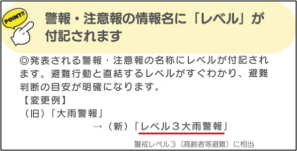 JMA_bousai's tweet photo. 【警報にレベルの数字が付きます】
５月下旬から大雨の警報等にレベルの数字を付け、避難等の防災行動が必要な状況かどうかを判断しやすくします。例えばこれまでの大雨警報は、早めの避難が求められるレベル３の情報として「レベル３大雨警報」という名称で発表します。
https://t.co/Lk5TjKpbjO https://t.co/E83dey4e8t