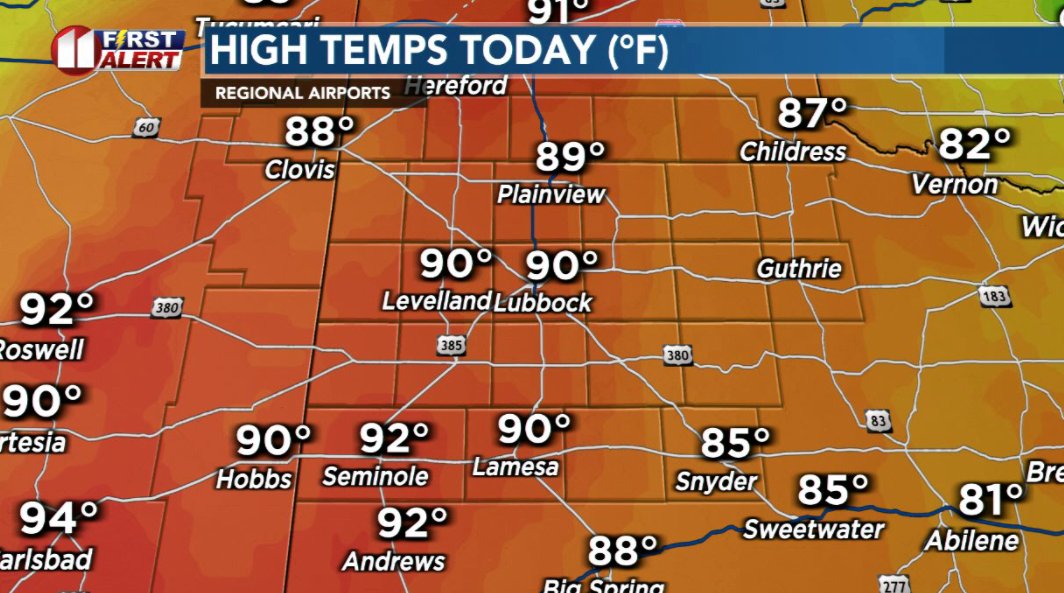 DivineWeather's tweet image. High temperatures around the KCBD/FOX34 viewing area Wednesday. Lubbock's April 22 average high is 77°, the record 100° (in 1989).

#lubbock #KCBD #fox34 #Texas #heat #wind #dry #NoBurn #fire