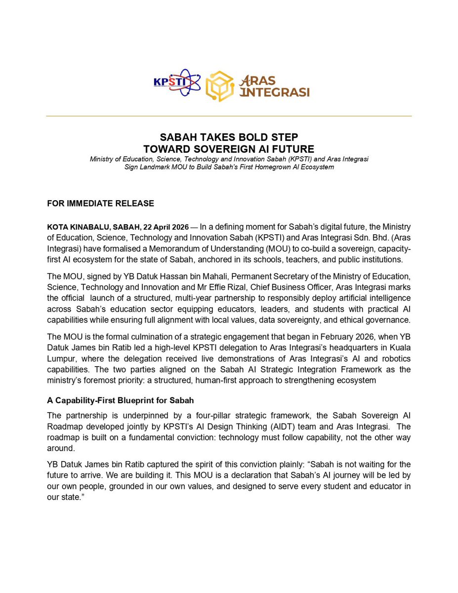 arasintegrasi's tweet photo. Aras Integrasi has signed an MOU with KPSTI Sabah to build Sabah’s first homegrown AI ecosystem, focused on schools, teachers, and students. The initiative brings offline AI for rural areas, supports indigenous languages, and ensures data sovereignty with ethical AI governance. https://t.co/WDByX0NqKP