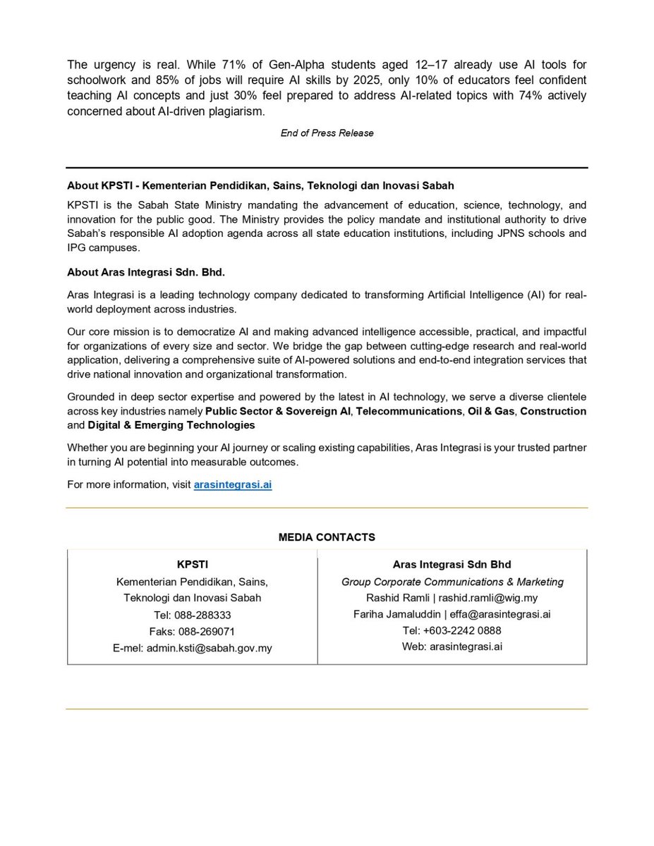arasintegrasi's tweet photo. Aras Integrasi has signed an MOU with KPSTI Sabah to build Sabah’s first homegrown AI ecosystem, focused on schools, teachers, and students. The initiative brings offline AI for rural areas, supports indigenous languages, and ensures data sovereignty with ethical AI governance. https://t.co/WDByX0NqKP