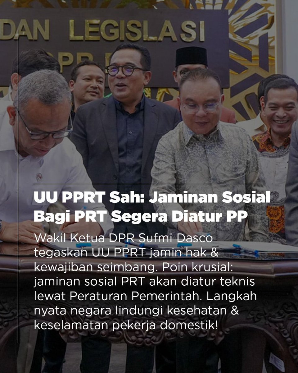 Dengan disahkannya UU PPRT, jaminan sosial bagi PRT segera diatur PP supaya hak dan kewajiban nya berjalan seimbang
#UUPPRTSah
Sejarah Baru Pekerja Domestik