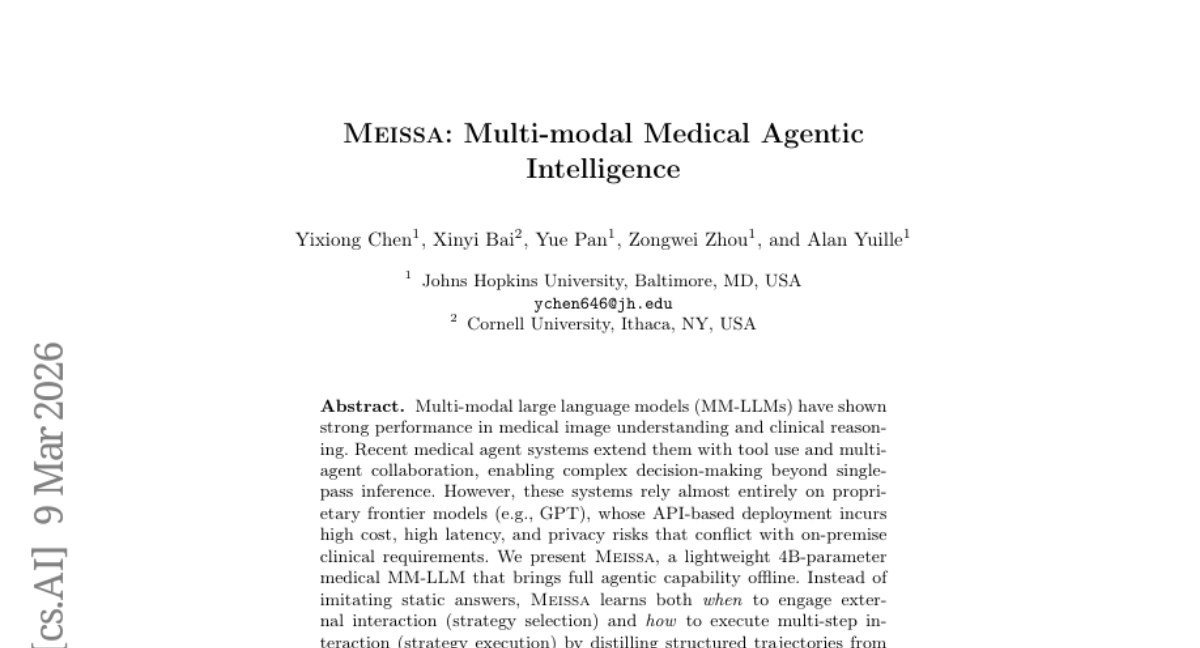 bigdataspec's tweet photo. Meissa: Multi-modal Medical Agentic Intelligence

Publication Date: Mar 9, 2026
Paper: https://t.co/ewggUvoo5z
Code: https://t.co/1ShVIBNcq0
Models citing this paper: https://t.co/tjzmQmR0No
Datasets citing this paper: https://t.co/M044EmTCAQ https://t.co/H0df8KJ7xL