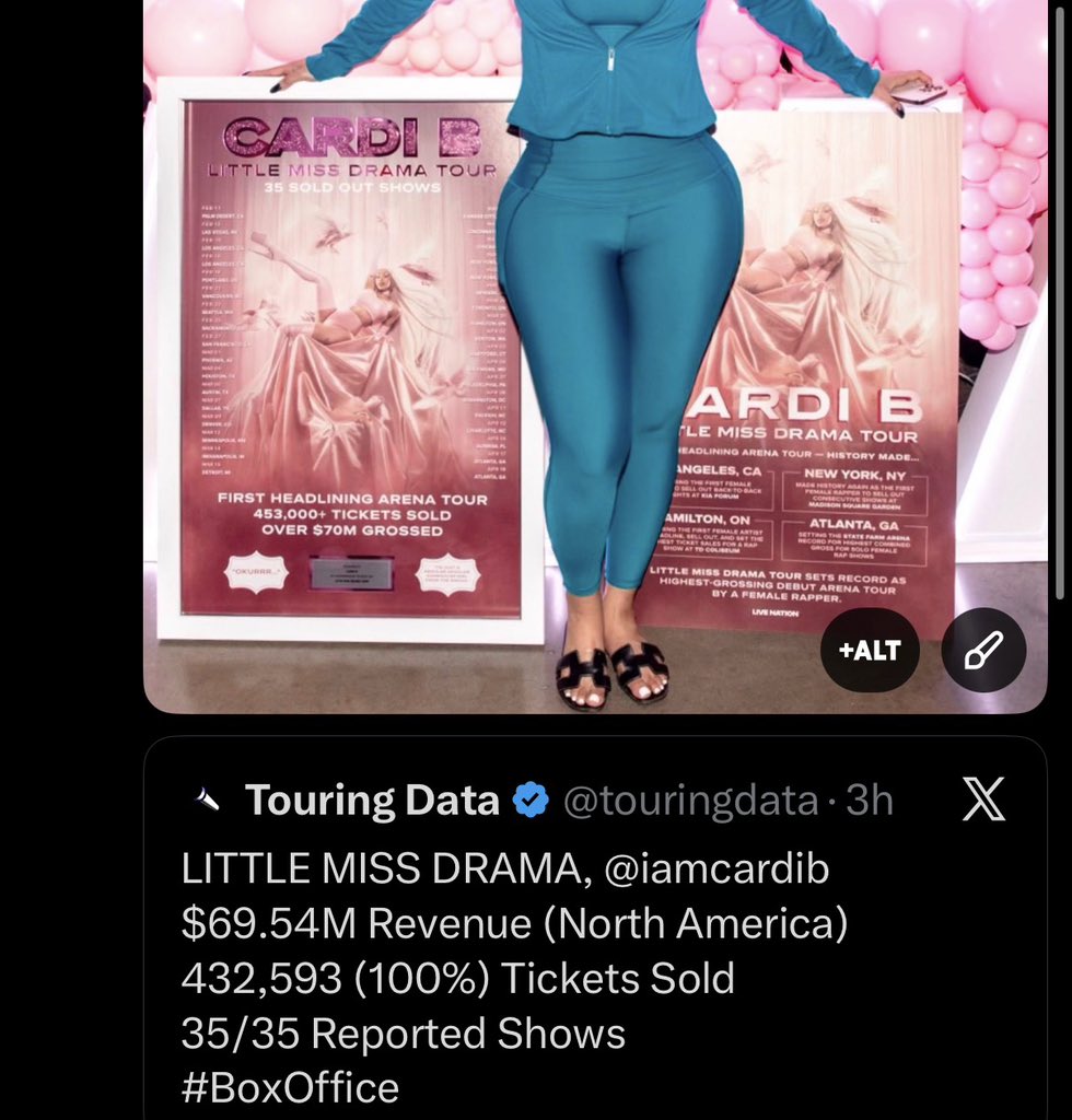 stoppfeenin's tweet image. Touringdata deleted this because it exposed the truth. “100% sold out” but the numbers ain’t adding up?

453,000 tickets over 35 shows is about 12,943 per show, but Touring Data reported 432,593 sold— so that’s 20,407 tickets short. That’s not 100% sold out.

Plus the rounding up