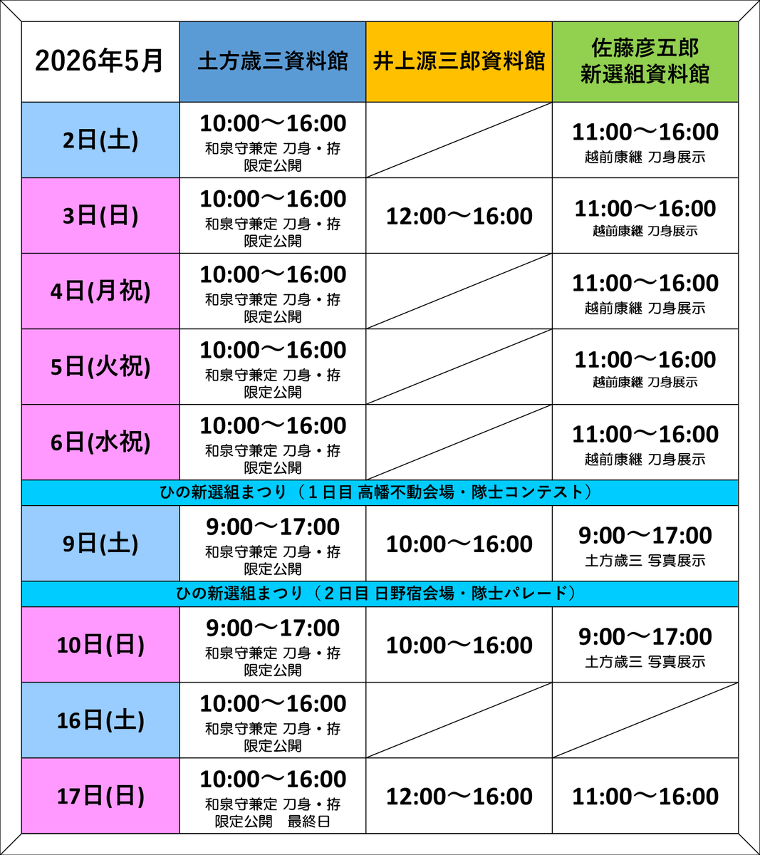 hinonavi's tweet photo. #土方歳三資料館 、 #井上源三郎資料館 、 #佐藤彦五郎新選組資料館 2026年5月の開館日です✏️ 

⚠️やむを得ず変更となる場合がありますので、ご来館の前に今一度各資料館公式サイトや公式SNS等をご確認ください 

詳しくは日野市観光協会HP☟
https://t.co/y2K7ailImv https://t.co/6eI6yIAGOx